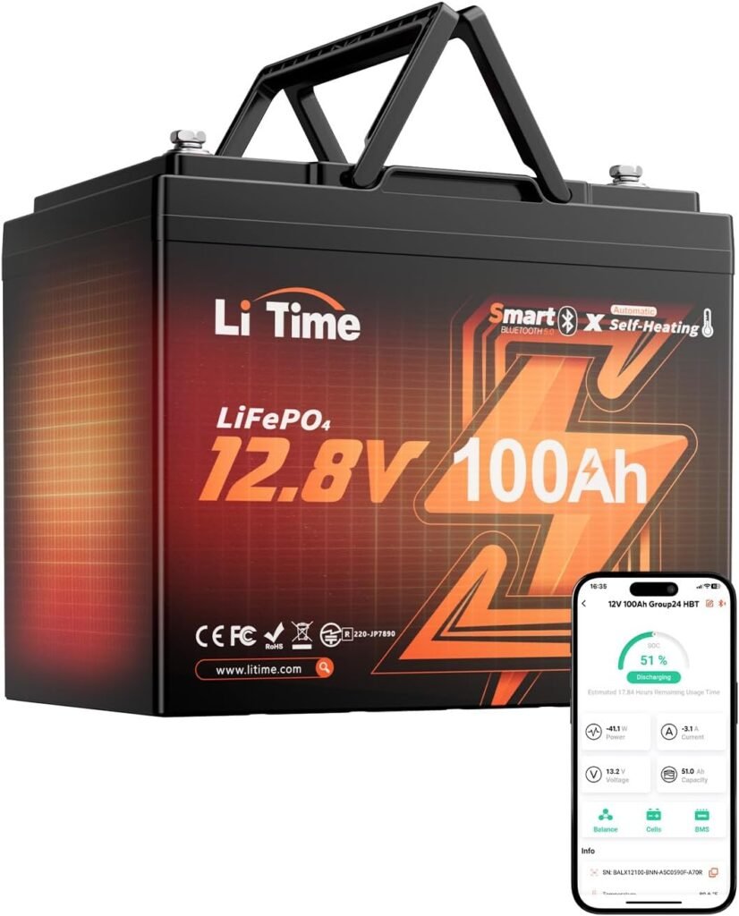 LiTime 4Packs 12V 100Ah Lithium LiFePO4 RV Battery Bluetooth, Group Self-Heating Deep Cycles Battery, Low-Temp Protection with Heating Mode for Camper, Trailer, Van, Trolling Motor