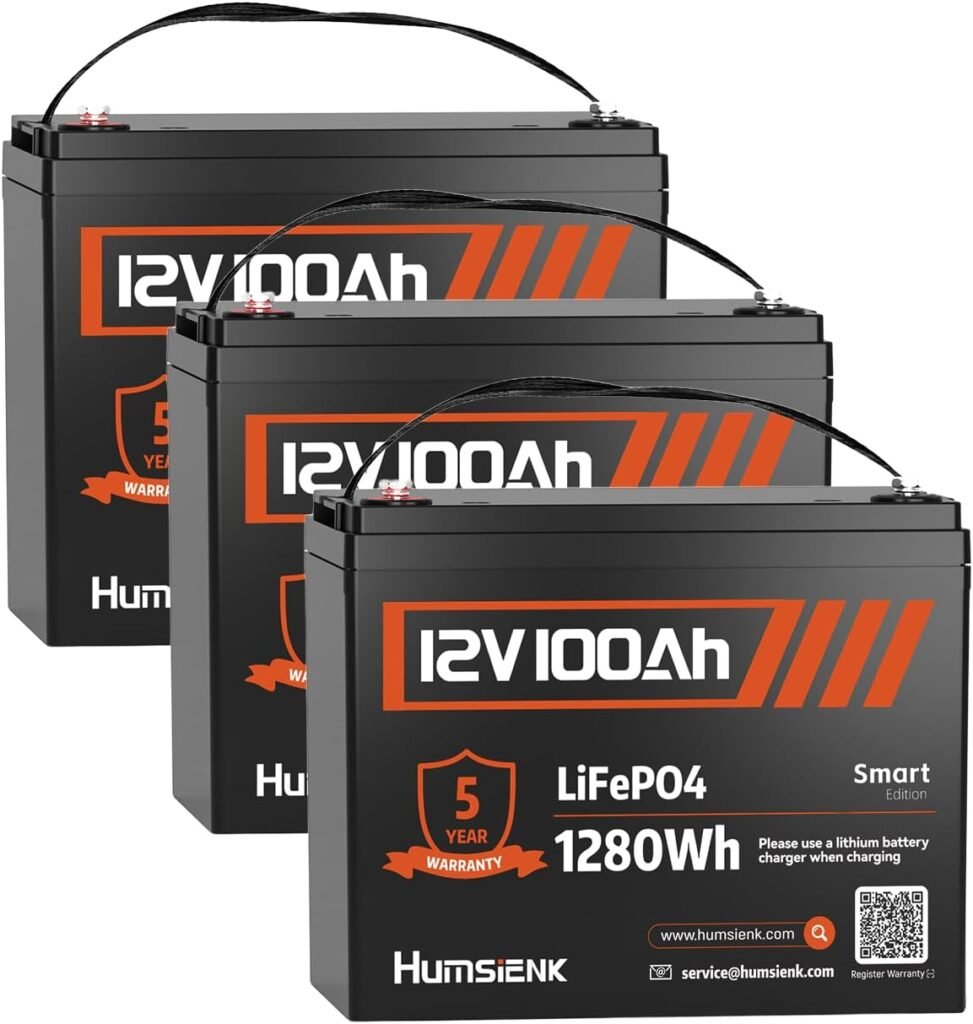 HumsiENK 12V 100Ah LiFePO4 Lithium Battery with Bluetooth, 1280Wh, Built-in 100A BMS, Deep Cycle, for RV, Marine, Trolling Motor, Off-Grid, Pack