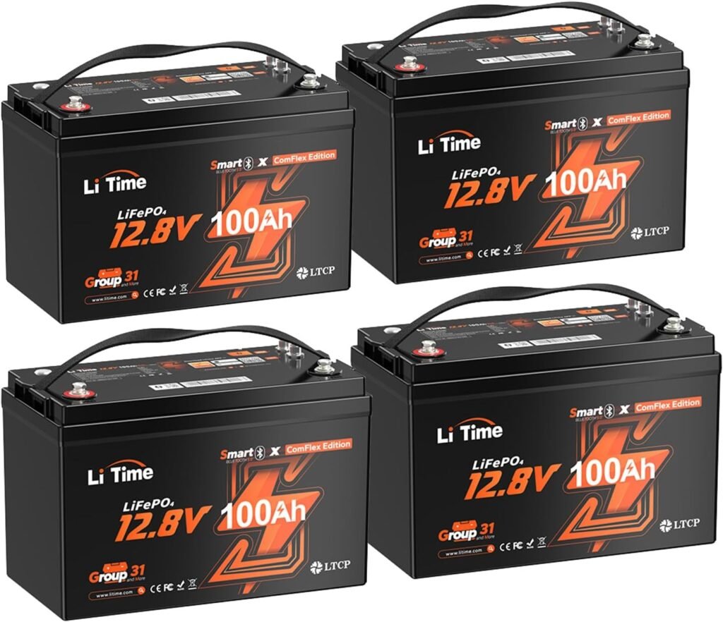 Litime 12V 100Ah LiFePO4 Battery Bluetooth, Group Lithium Battery Compatible with Victron System, Up to 15000+ Deep Cycles for RV, Travel Trailer, Off-Grid, Solar System (4 Packs) Litime 12V 100Ah LiFePO4 Battery Bluetooth, Group Lithium Battery Compatible with Victron System, Up to 15000+ Deep Cycles for RV, Travel Trailer, Off-Grid, Solar System (4 Packs)